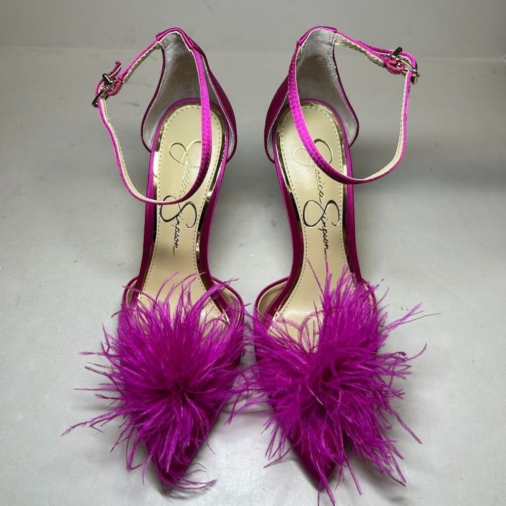 New Jessica Simpson Hot Pink Feather Pointed Toe Ankle Strap heel - Picture 2 of 7